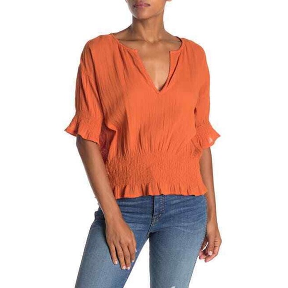 Frye Womens Top Size XS Split Neck Smocked Waist Short Sleeves in Orange Rust - Picture 2 of 12